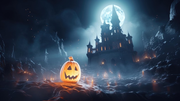 Halloween background with spooky castle and pumpkin lantern