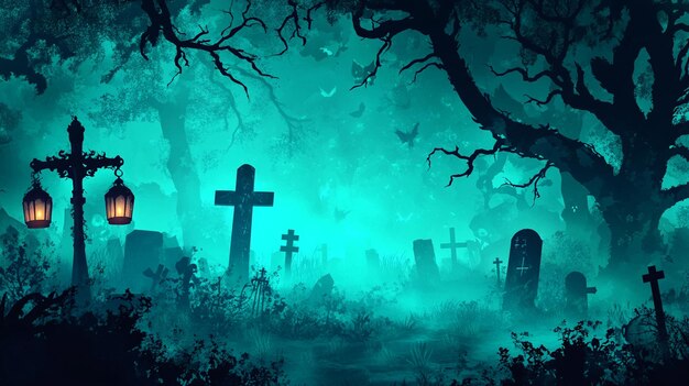 Photo halloween background with a spooky graveyard haunted forest