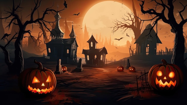 Halloween background with a spooky graveyard and a spooky house.