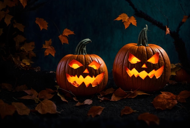 Halloween background with spooky pumpkins banner with copy space text