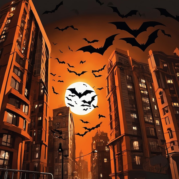 Photo halloween background with super hero cityscape and full moon