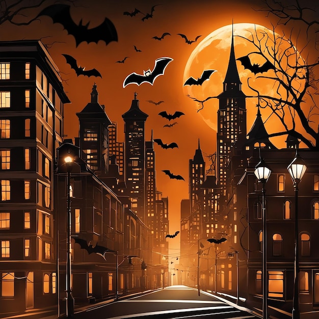 Photo halloween background with super hero cityscape and full moon