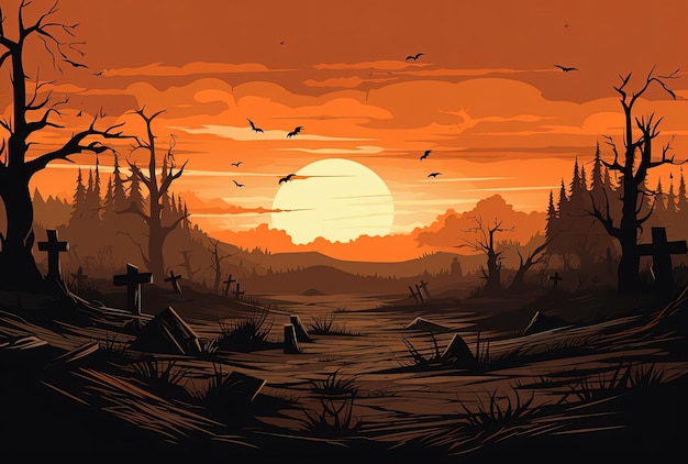 halloween background with wooden background with graves and trees in the style of richly colored