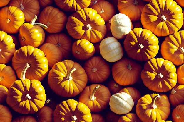 Halloween backgroundstill life flat lay composition different sizes pumpkins dark tonesCopy space