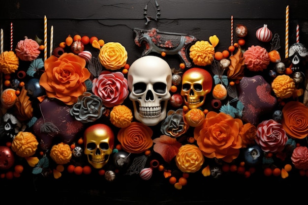 Halloween banner featuring skulls and candies