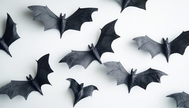 Halloween bat decorations suspended against a crisp white background for spooky atmosphere