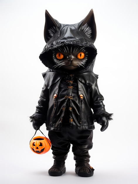 Halloween black cat in a black leather costume with a pumpkin isolated on white background