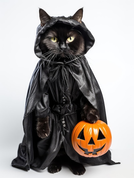 Halloween black cat in halloween costume isolated on white background