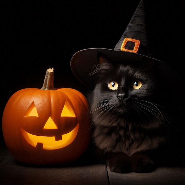 Photo halloween black cat in witch hat with pumpkin isolated on black background