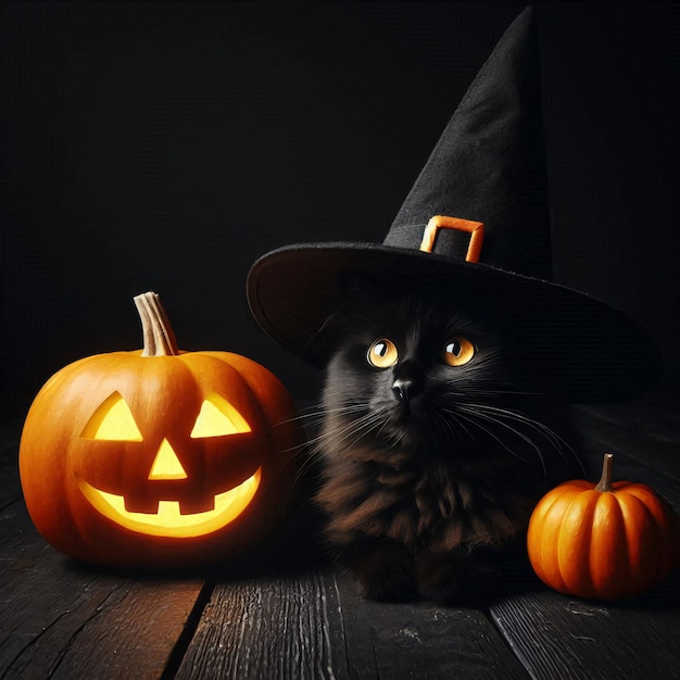 Photo halloween black cat in witch hat with pumpkin isolated on black background