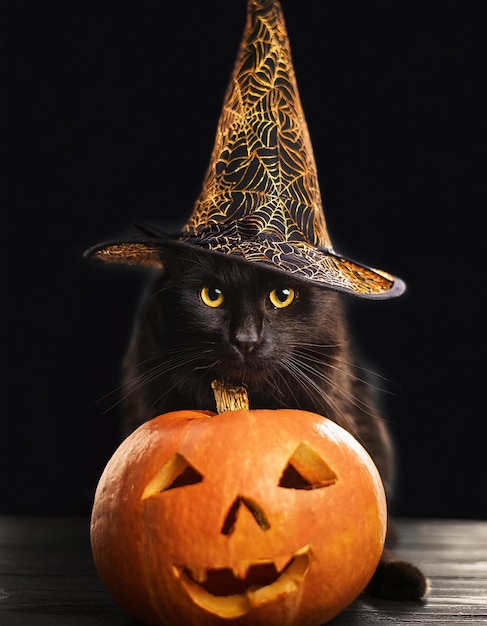 Halloween black cat in witch hat with pumpkin