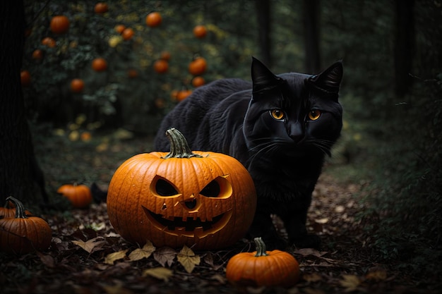 halloween black cat with pumkin in dark forest ai generative