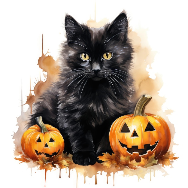 Halloween black cat with pumpkins on a white background illustration