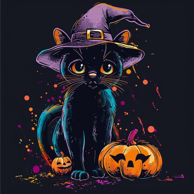 Halloween Black Cat with Witch Hat Pumpkins Full Moon and Bats in a Spooky Night Scene