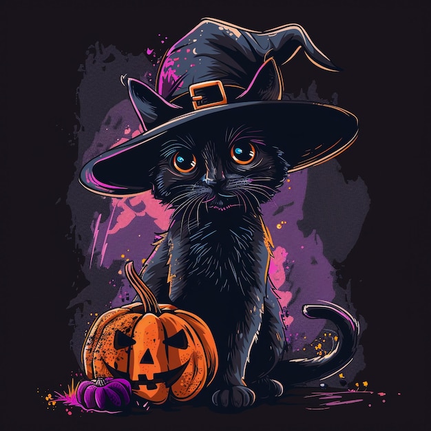 Halloween Black Cat with Witch Hat Pumpkins Full Moon and Bats in a Spooky Night Scene