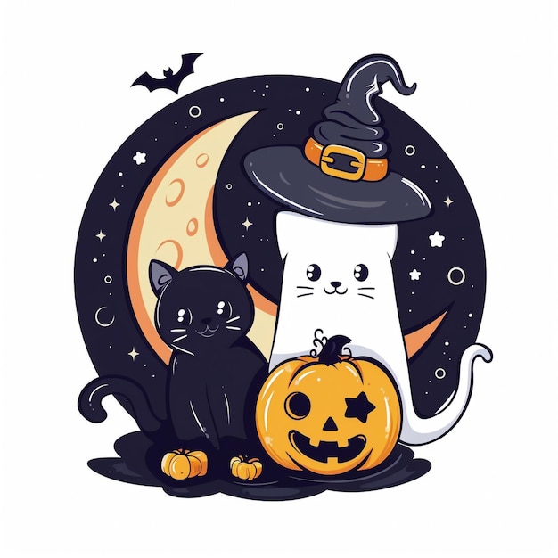 Halloween Black Cat with Witch Hat Pumpkins Full Moon and Bats in a Spooky Night Scene