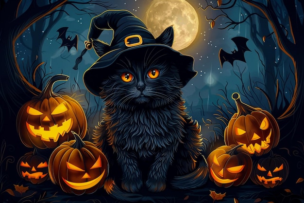 Halloween Black Cat with Witch Hat Pumpkins Full Moon and Bats in a Spooky Night Scene