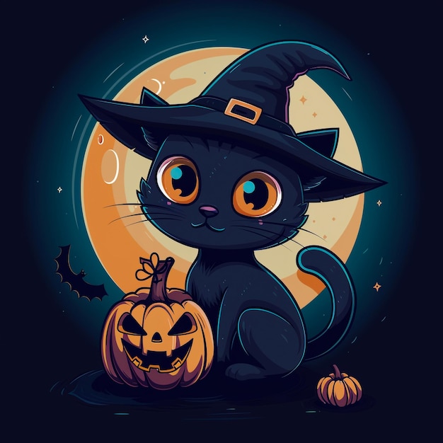 Halloween Black Cat with Witch Hat Pumpkins Full Moon and Bats in a Spooky Night Scene