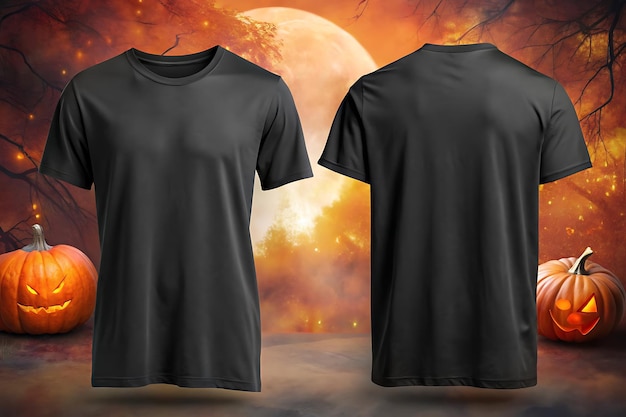 Halloween Black Tshirt Mockup with front and back view Black Tshirt Mockup with Halloween decoration