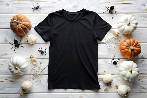 Halloween Black Tshirt Mockup on a wooden background Black Tshirt Mockup with Halloween decoration