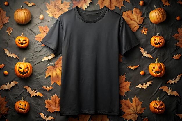 Halloween Black Tshirt Mockup on a wooden background Black Tshirt Mockup with Halloween decoration