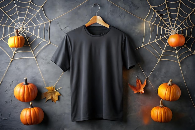 Photo halloween black tshirt mockup on a wooden background black tshirt mockup with halloween decoration