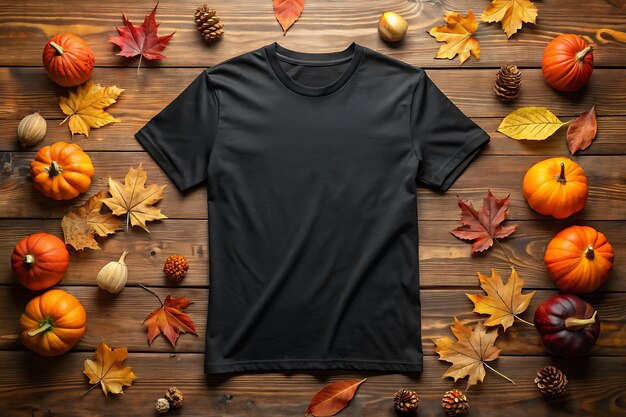 Halloween Black Tshirt Mockup on a wooden background Black Tshirt Mockup with Halloween decoration