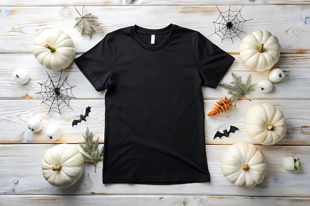 Halloween Black Tshirt Mockup on a wooden background Black Tshirt Mockup with Halloween decoration