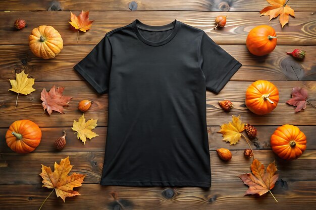 Halloween Black Tshirt Mockup on a wooden background Black Tshirt Mockup with Halloween decoration