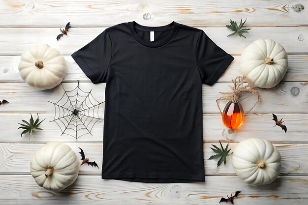 Halloween Black Tshirt Mockup on a wooden background Black Tshirt Mockup with Halloween decoration