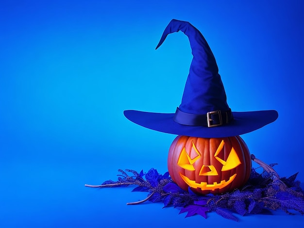 Halloween blue background Pumpkin wearing a witches hat Jackolantern Background