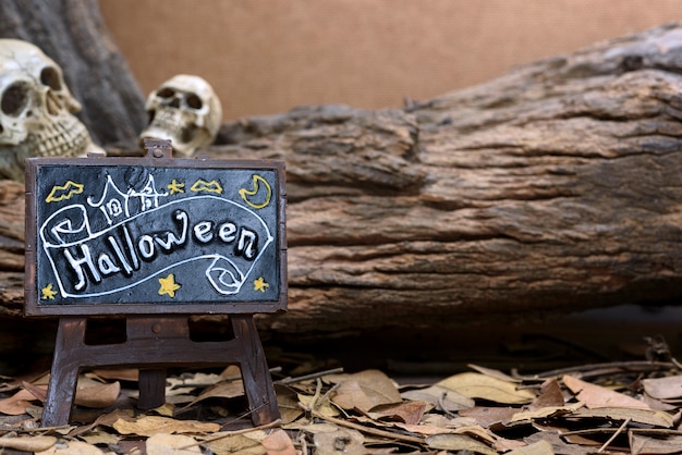 Halloween board over two human skull background