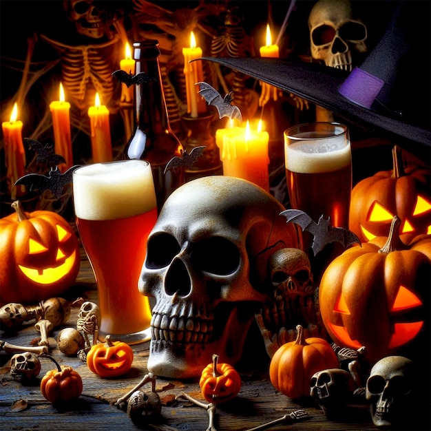 Halloween brews beers amidst skulls pumpkins and spook illustration