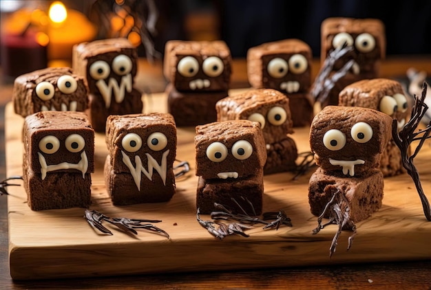 halloween brownie bites on a wooden board