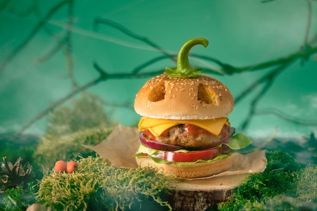 Halloween burger in a shape of pumpkin head jack lantern in a mystery forest