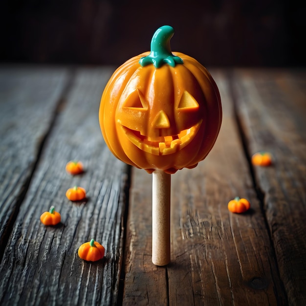 Photo halloween cake pop with shape pumpkin on wooden table