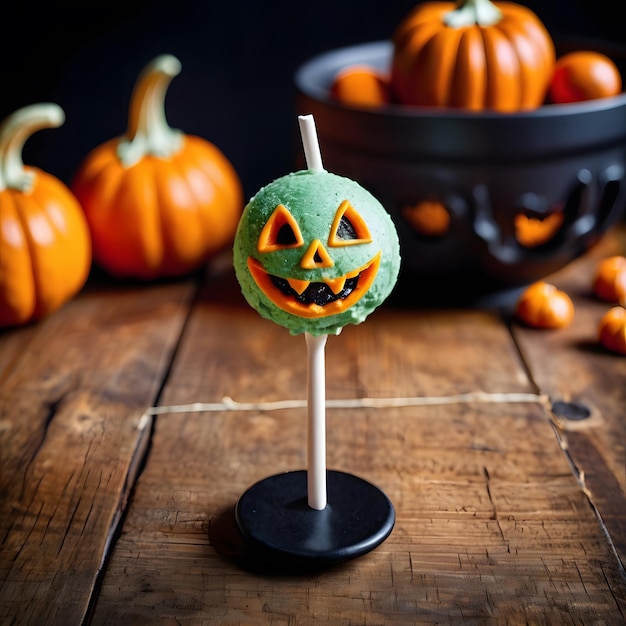 Photo halloween cake pop with shape pumpkin on wooden table