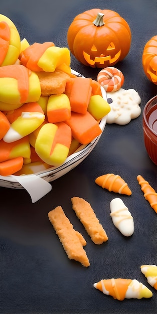 Halloween candies in a basket on a black background horizontal