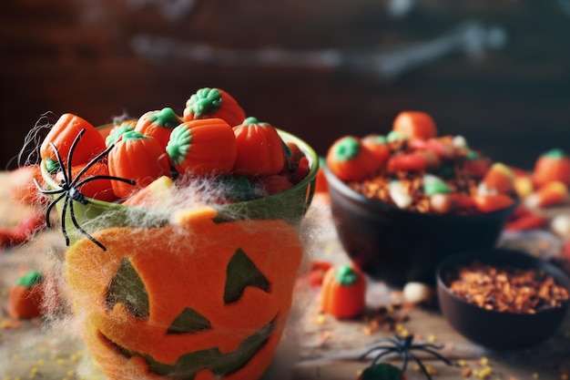 Halloween candies in bucket on wooden table