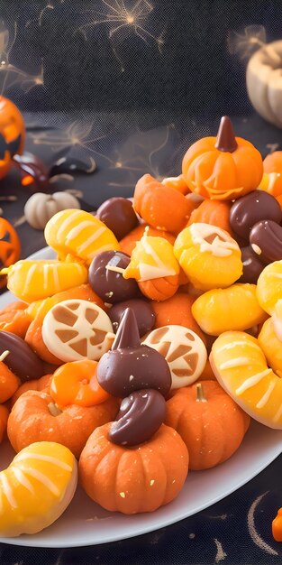 Halloween candies and jackolantern on dark background