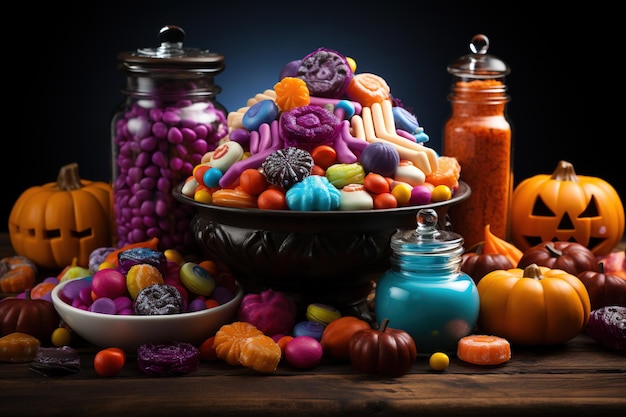 Halloween candies and sweets on dark background