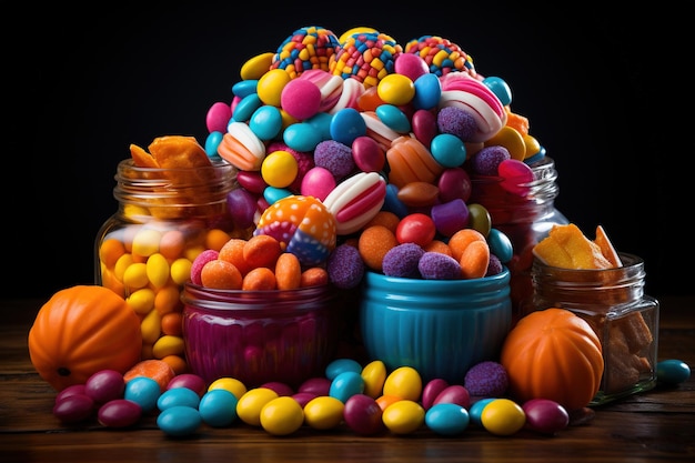 Halloween candies and sweets on dark background