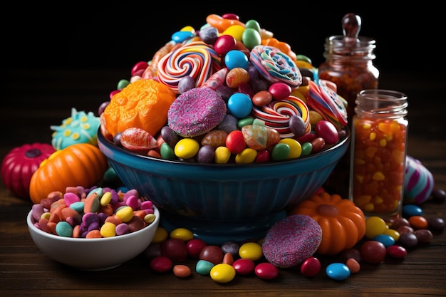 Halloween candies and sweets on dark background