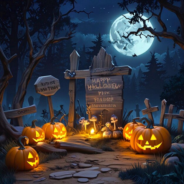 Halloween Card In Forest With Wooden Sign Board Pumpkins And Skeleton In Graveyard At Night With Wo