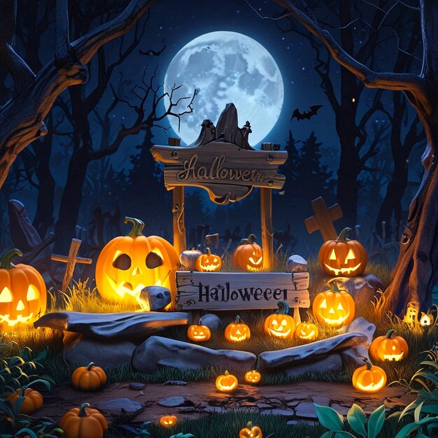 Halloween Card In Forest With Wooden Sign Board Pumpkins And Skeleton In Graveyard At Night With Wo