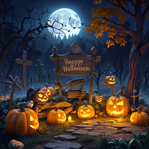 Halloween Card In Forest With Wooden Sign Board Pumpkins And Skeleton In Graveyard At Night With Wo