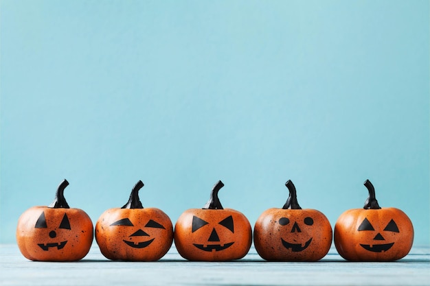 Halloween card with funny pumpkin heads on turquoise background