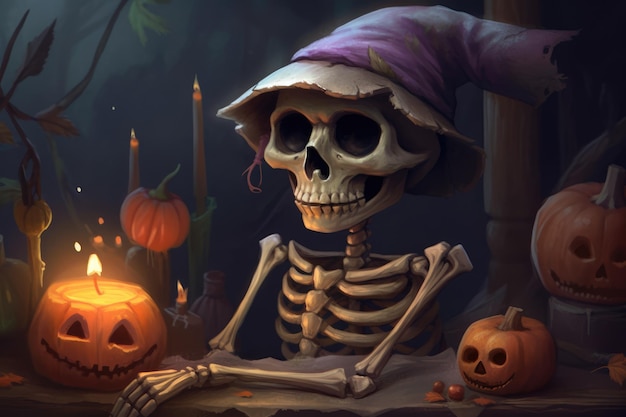 Halloween cartoon characters skeleton skull generative ai