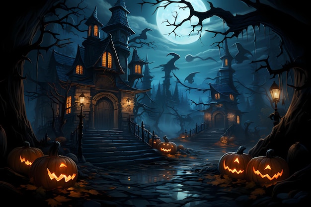 halloween cartoon house and pumpkins fullmoon background