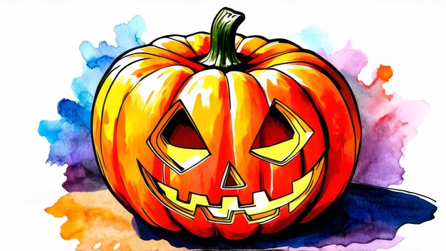 Photo halloween carved pumpkin colorful watercolor character with scary face on white background